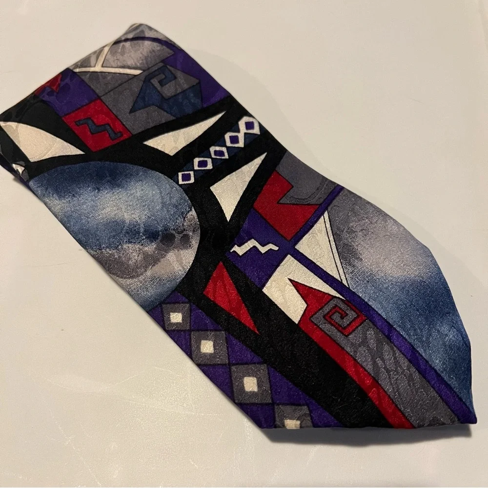 Vintage Geometric Patterned 100% Silk Tie - Black, Red, Purple, Gray